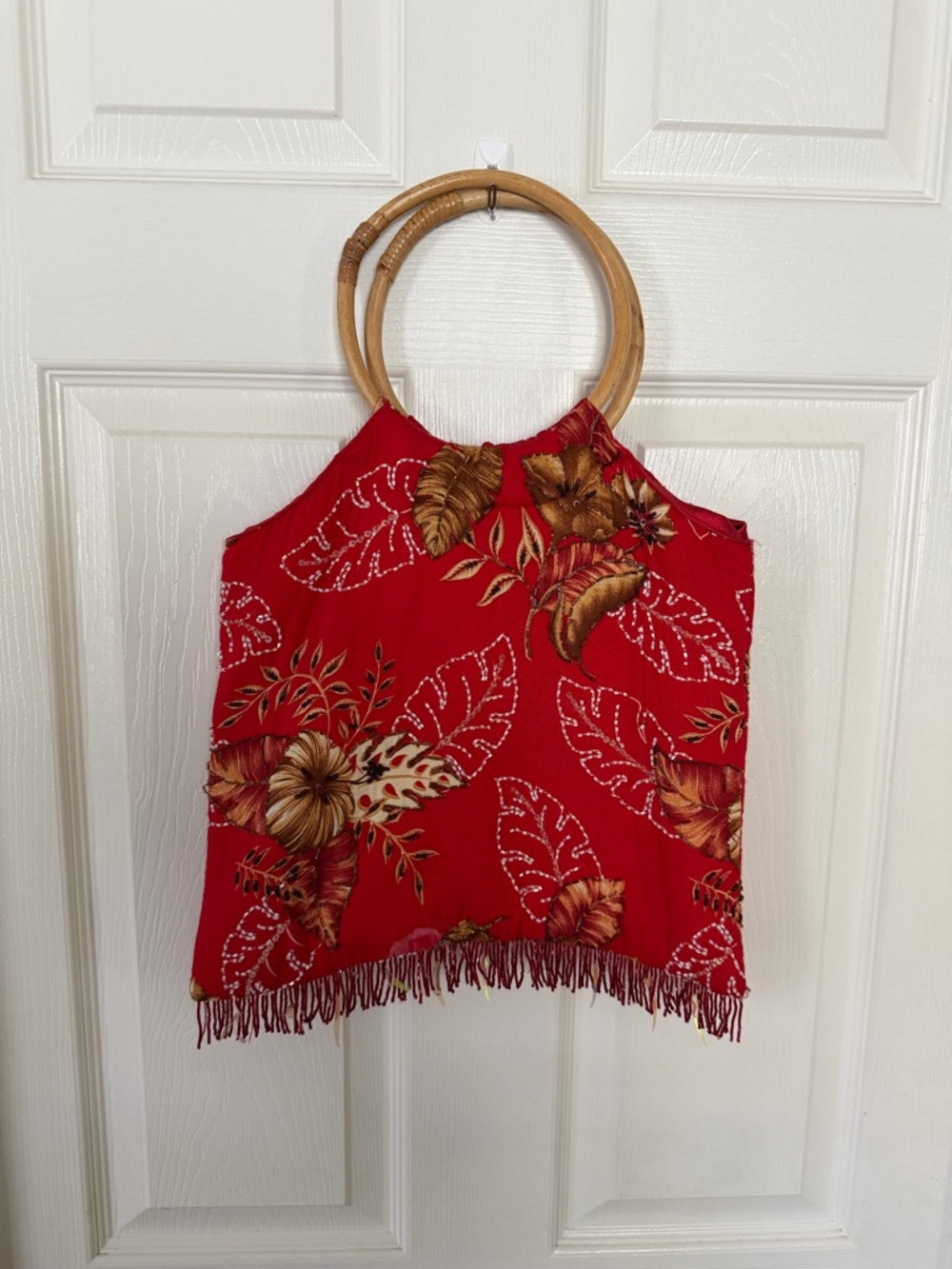 Vintage Red Sequin Beaded Fringe Hawaiian Floral Vacation Handbag